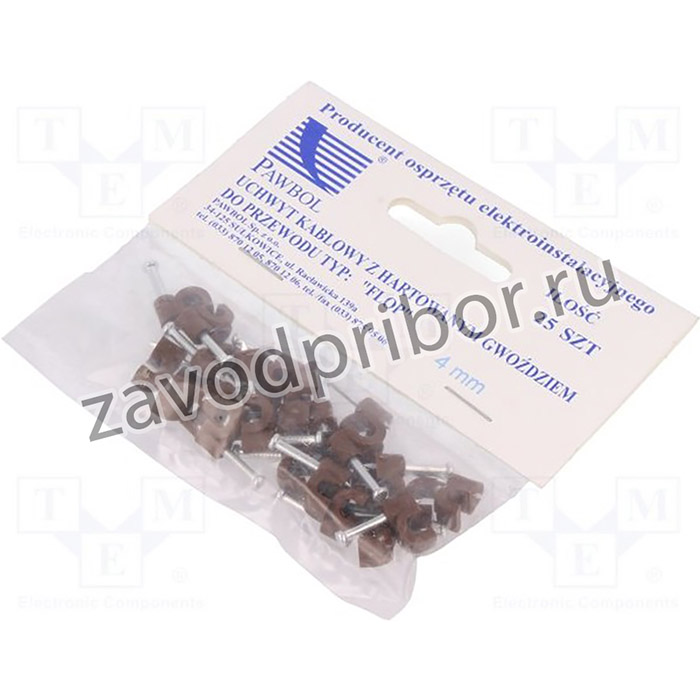 PW-H.7002B-25, Держатель, коричневый, на круглый провод, 25шт, с гвоздем, 4мм