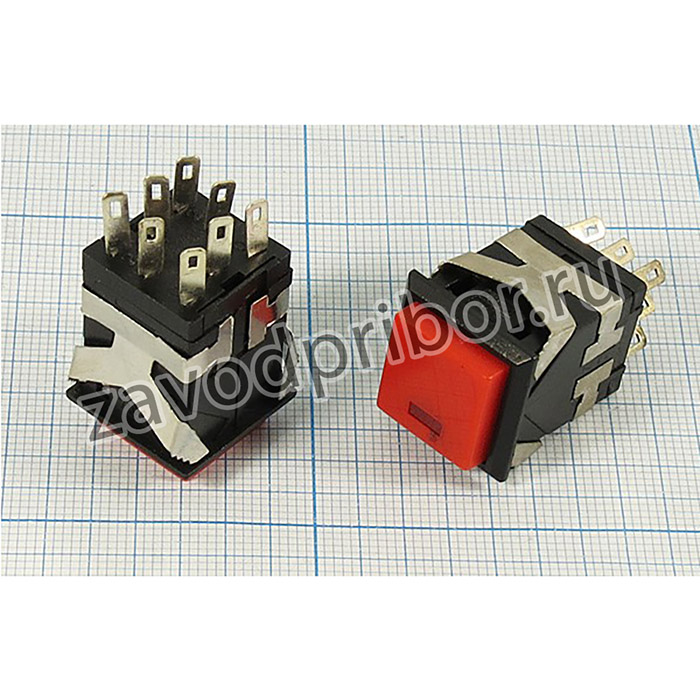 Переключатель кнопочный без фиксации красный с подсветкой, 220В/3В,ON-(ON); №1154BR ПКн\220\ 3,0\ON-(ON)\17x17\чер/ крILСДкр\8C\KD2-22\