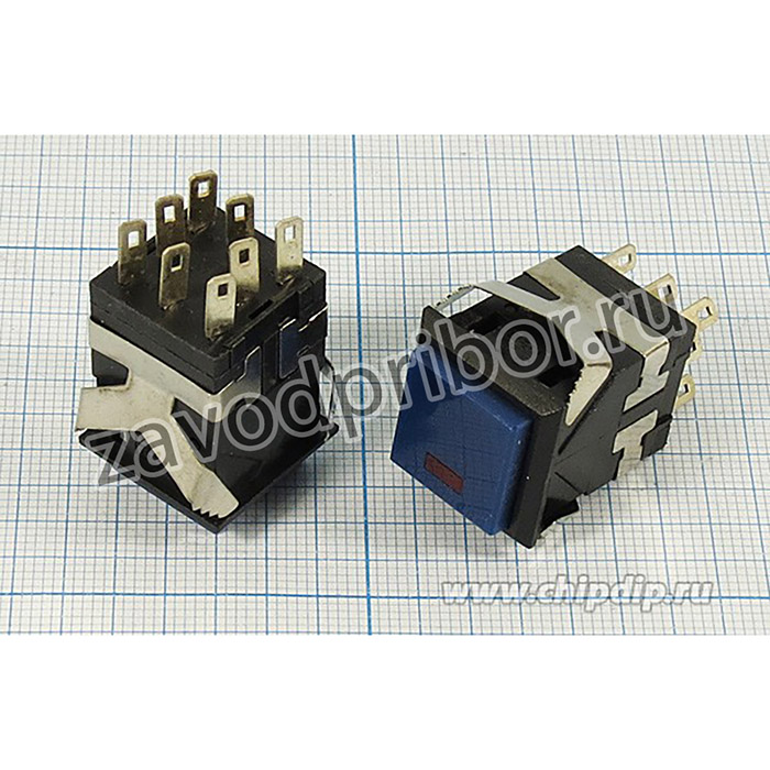 Переключатель кнопочный, 17x17, 220В, 3.0А, ON-(ON), черный/синийILСДкрасный, контакты 8C, KD2-22