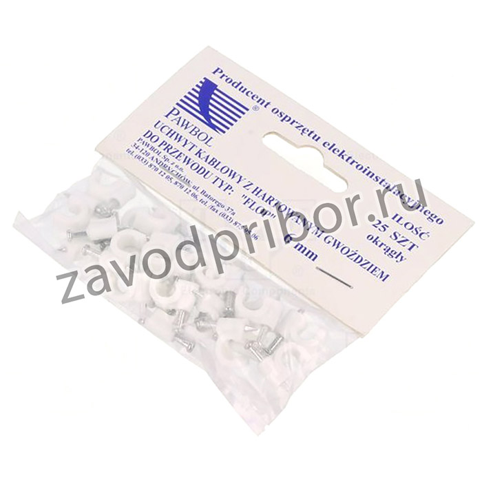 PW-H.7004A-25, Держатель, белый, на круглый провод, 25шт, с гвоздем, 6мм