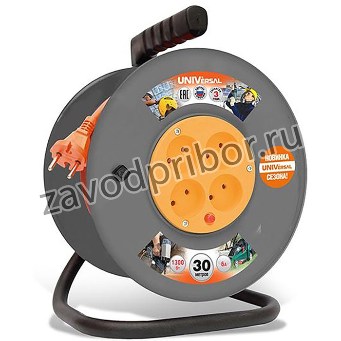 Удлинитель на катушке 4х30м без заземл. 6А IP44 ВЕМ-250 ПВС 2х0.75 термозащита UNIVersal 9634148