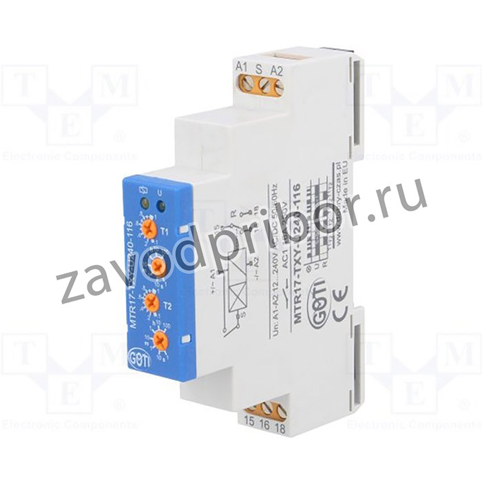 MTR17-TXY-U240-116, Реле времени, 1с-100ч, SPDT, 250ВAC/16А, Uпит: 12-240ВAC, DIN, IP20