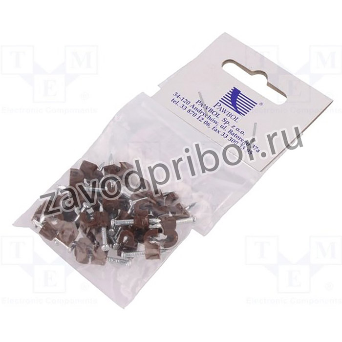 PW-H.7001B-25, Держатель, коричневый, на круглый провод, 25шт, с гвоздем, 3мм