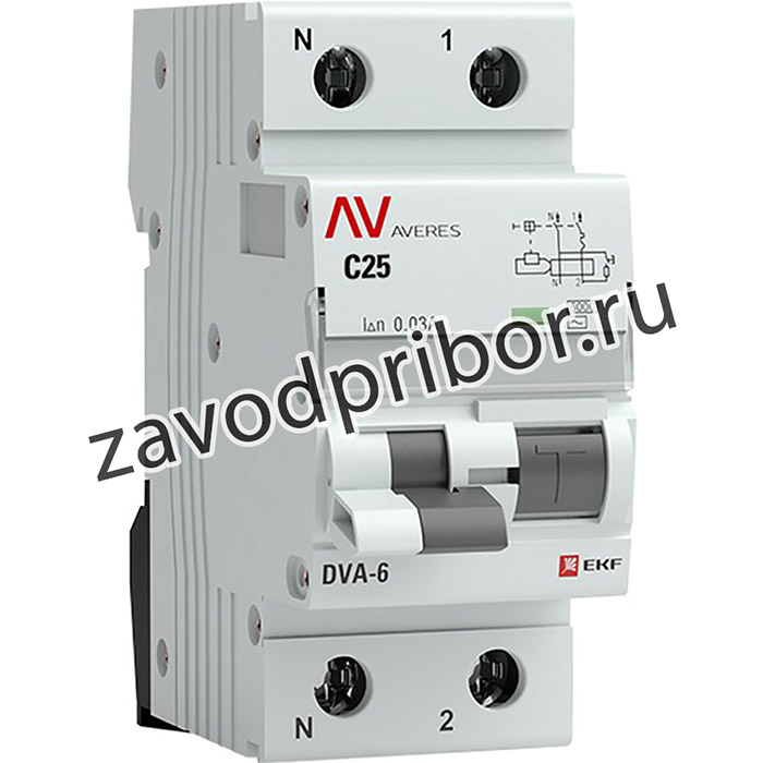 Выключатель автоматический дифференциального тока DVA-6 25А (1P+N) двухполюсный характеристика C 6kA 30мА тип AC AVERES rcbo6-1pn-25C-30-ac