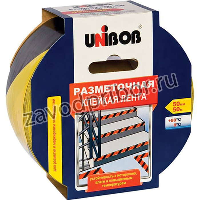 Клейкая лента разметочная 50 мм х 50 м, желто-черная, UNIBOB, основа-ПВХ, европодвес, 48905