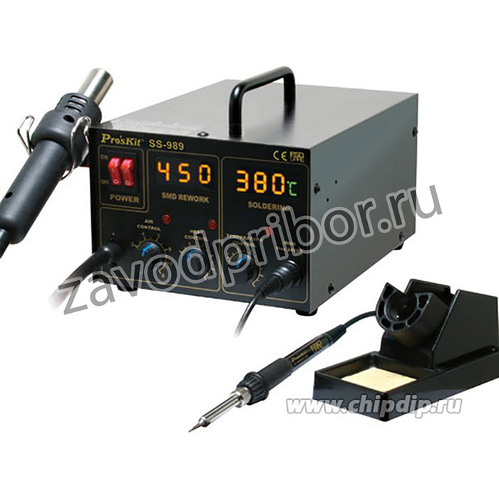 SS-989B Pro'sKit Паяльная станция цифровая двухканальная (паяльник 60Вт, фен 24л/мин, LED-индикация, антистатическая защита)