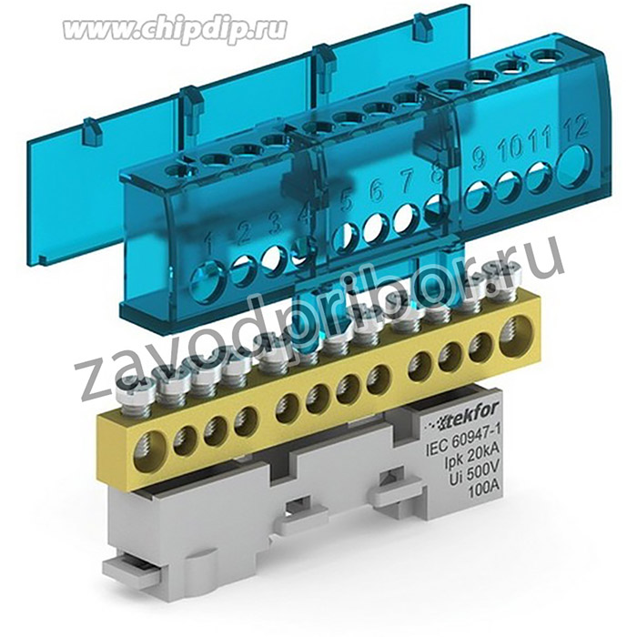 Шина изолированная сечение 6х9, двенадцать отверстий, крепление на DIN-рейку и поверхность, синяя Tekfor