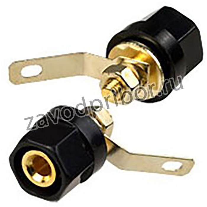 1-663G, гнездо банан 28мм пластик на корпус черный кабель до 6мм "позол."