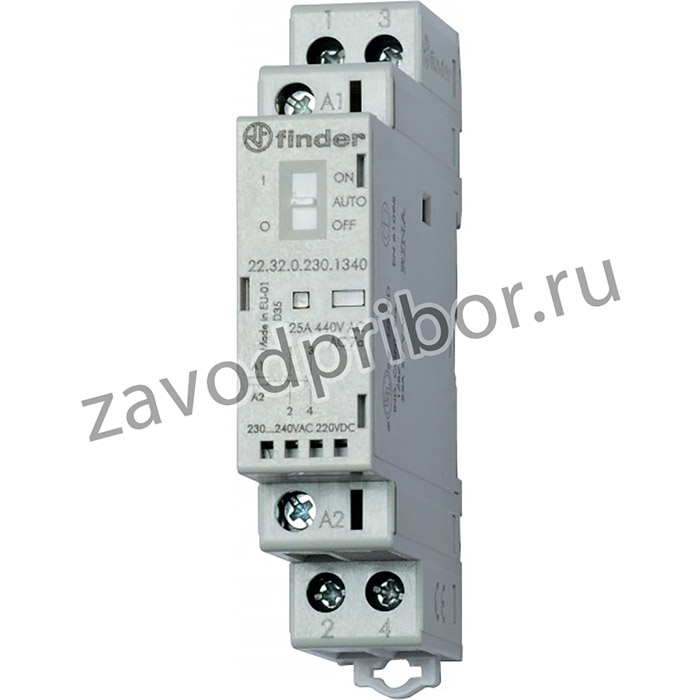 Finder Модульный контактор; 2NO 25А; контакты AgNi; катушка 230В АС/DC; ширина 17.5мм; степень защиты IP20; опции: мех.индикатор + LED