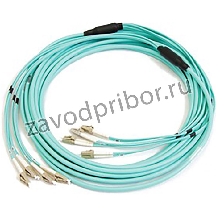 01 Транковая сборка Hyperline, 1хMPO(мама) - 12xLC, 12 волокон, 50/125 (OM3), 10G, LSZH, 5м, длина фуркации 1м, цвет аква