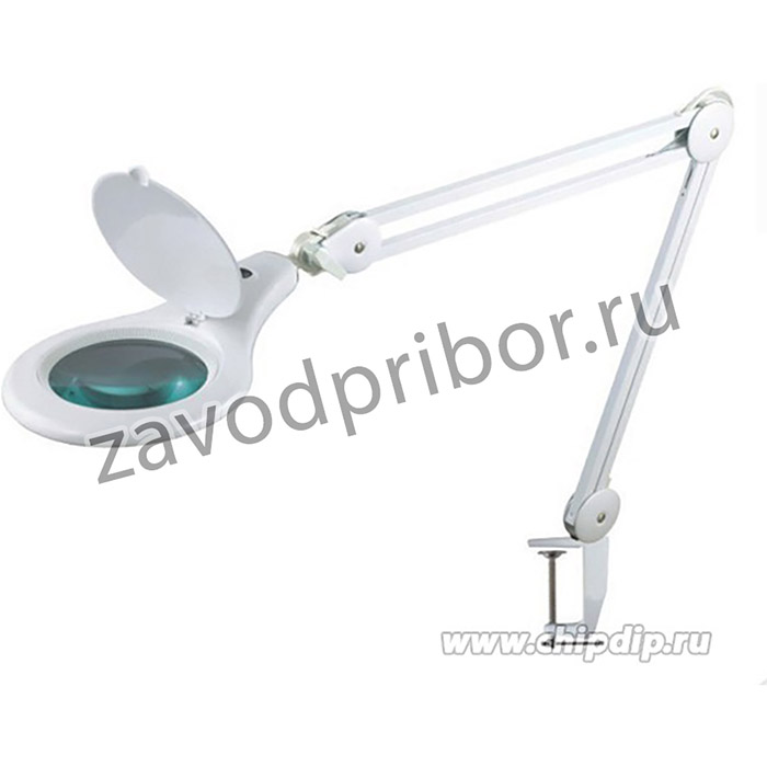 31-0503, Лупа на струбцине круглая настольная 5D с подсветкой 108 LED (светодиодная), белая
