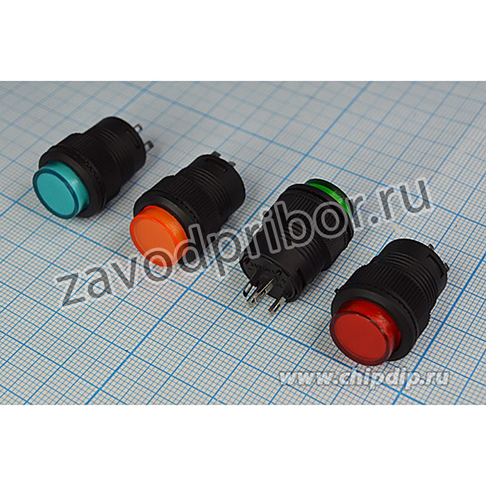 Переключатель кнопочный, d16, 220В, 3.0А, OFF-ON, ILзеленый2В, контакты 4C, R16-503AD