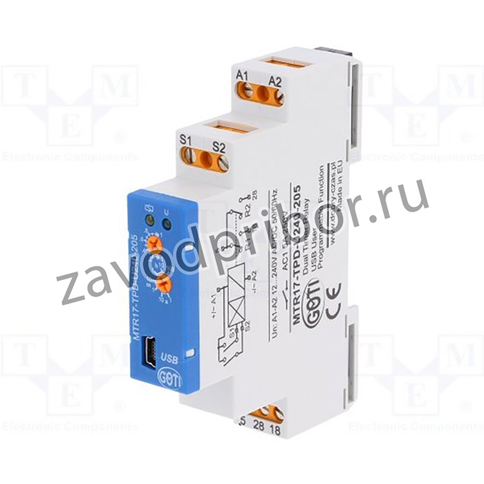 MTR17-TPD-U240-205, Реле времени, 1с-100ч, SPDT x2, 250ВAC/5А, Uпит: 12-240ВAC, DIN