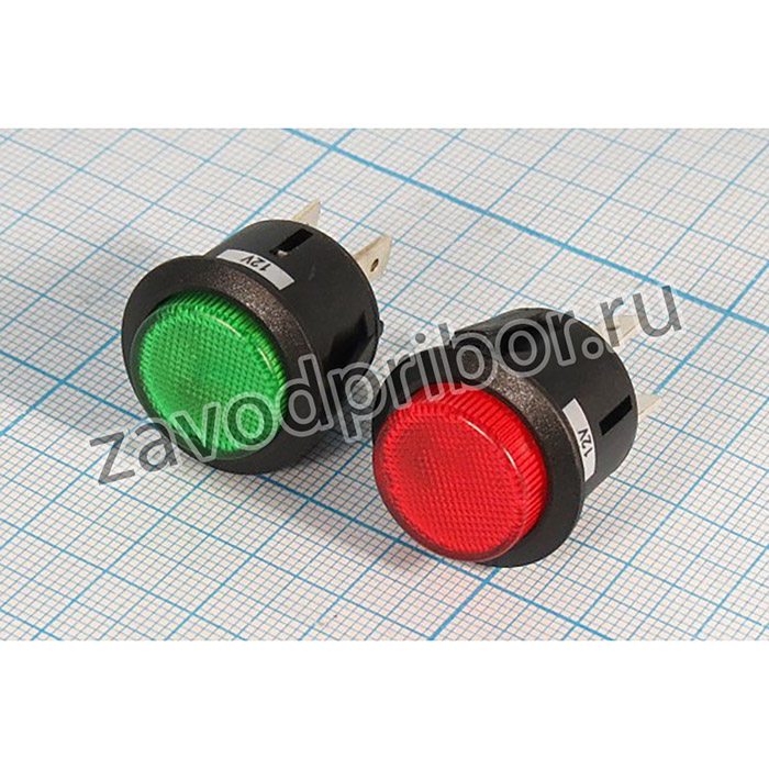 Переключатель кнопочный, d20, 12В, 10А, OFF-ON, ILзеленый, контакты 4T, R13-527BL-02G
