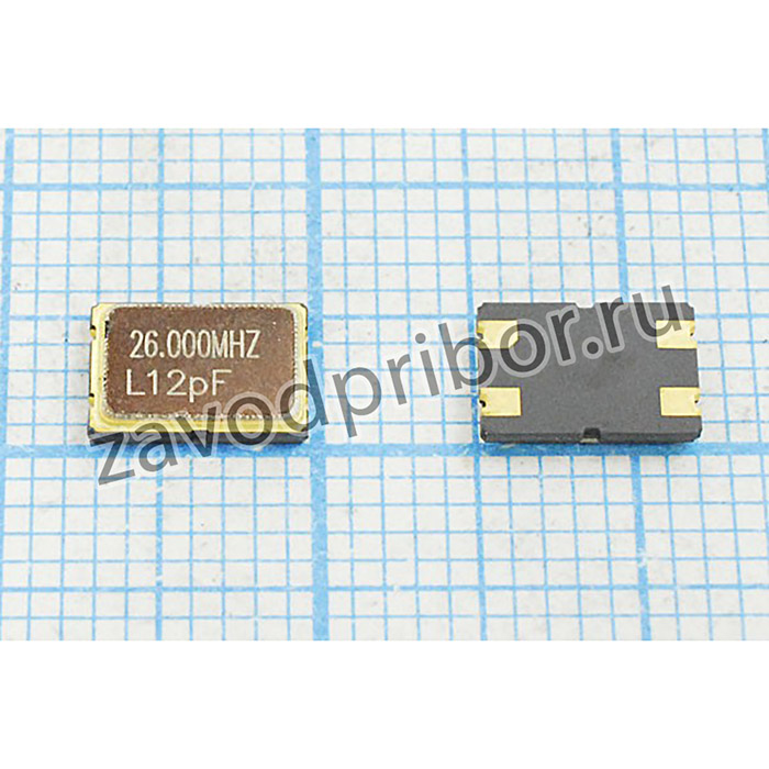 Кварцевый резонатор 26000 кГц, корпус SMD07050C4, нагрузочная емкость 12 пФ, точность настройки 10 ppm, стабильность частоты 30/-40~85C ppm/