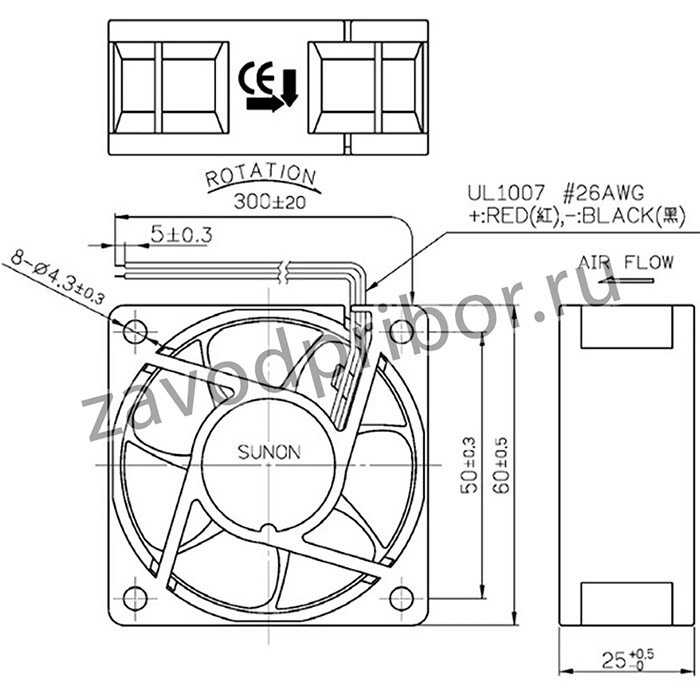 EE60252B3-000U-A99, Вентилятор осевой, 24ВDC, 60x60x25мм, 23,49м3/ч, 20дБА, 26AWG