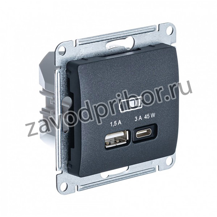 Systeme Electric Glossa Антрацит USB Розетка A + тип-C 45W высокоскор.заряд. QC, PD, мех.