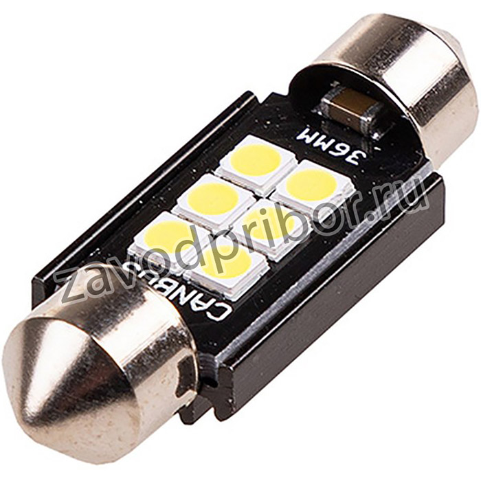 Автолампа диод T11(C5W) 12V 6 SMD диодов 1-конт 36мм с обманкой Белая SKYWAY Салон, номер
