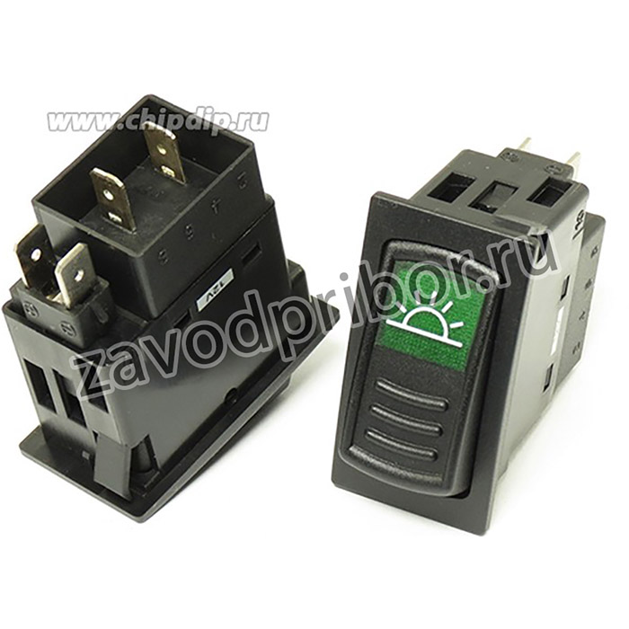 Переключатель клавишный, контакты 4T, 20А, 12В, ON-OFF, подсветка ILзеленая[лампа], R13-289ALG