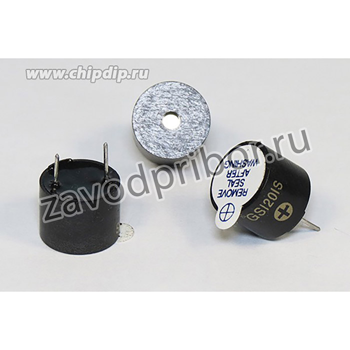 Зуммер магнитоэлектрический с генератором, размер 12x10, напряжение 1.5В, частота 2.3кГц, контакты 2P7.6, марка GS1201S