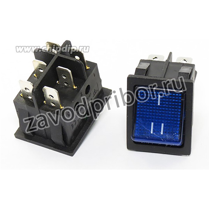 Переключатель клавишный, контакты 6T, 15А, ON-ON, 22.3x31, подсветка черная/синяя, RS-202-3C7