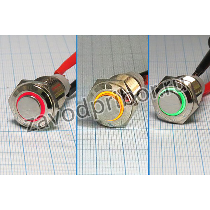 Антивандальный переключатель кнопочный без фиксации SPDT, ON-(ON), металлический,зелёная подсветка; ПКн\220\ 3,0\ON-(ON)\d16\ мет/ILзел\5C\L