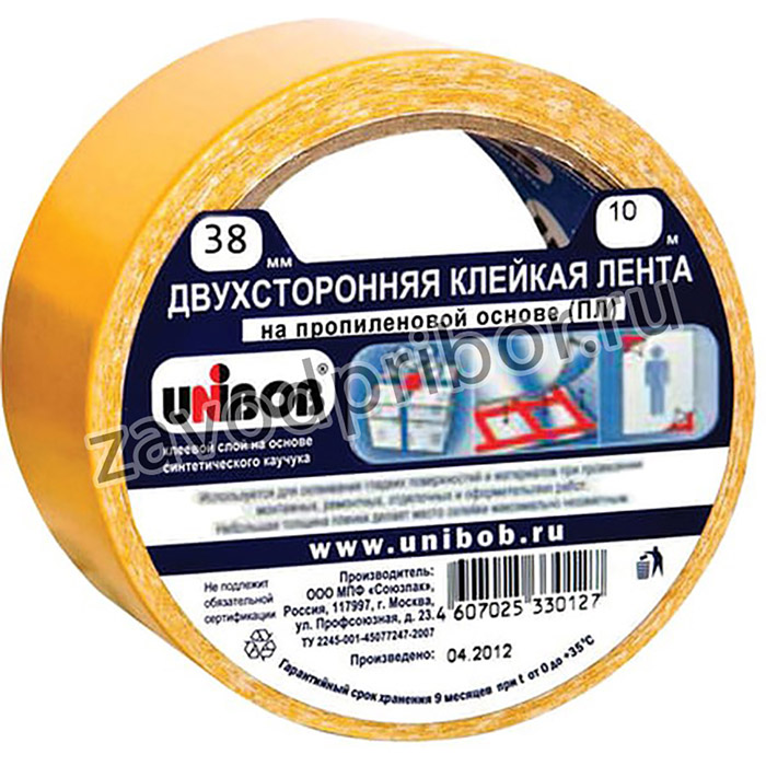 Клейкая двухсторонняя лента 38 мм х 10 м, ПОЛИПРОПИЛЕНОВАЯ ОСНОВА, UNIBOB, 38566