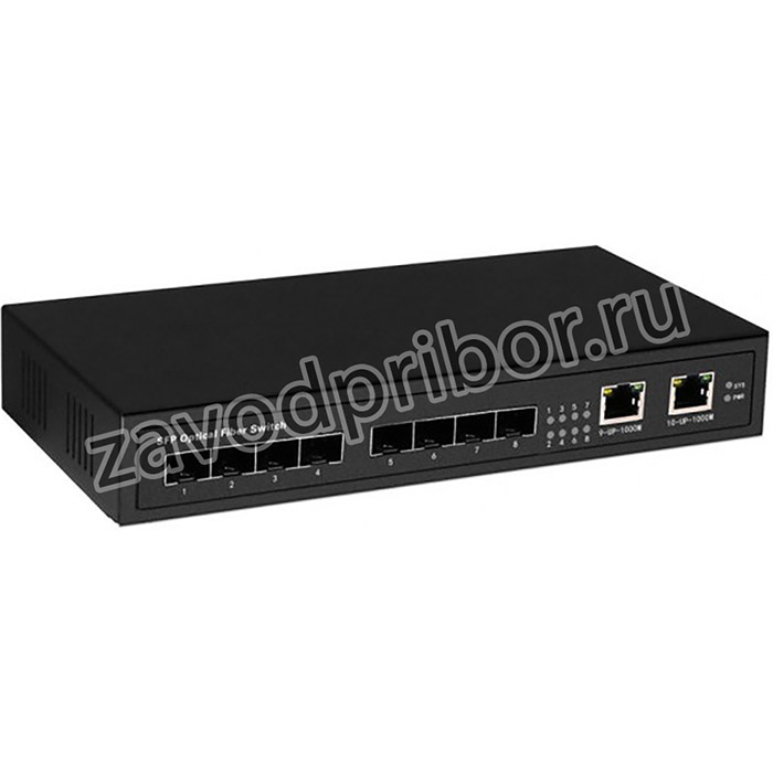 Коммутатор Gigabit Ethernet на 8 SFP + 2 RJ45 портов. Порты: 8 x GE SFP (1000Base-FX), 2 x GE (10/100/1000Base-T). В комплекте БП DC12V (2A)