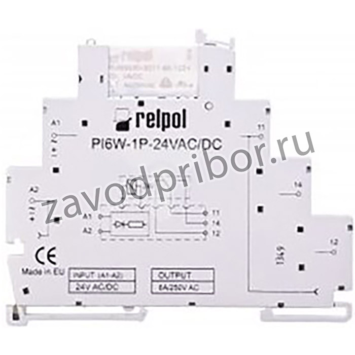 PIR6W-1P-24VAC/DC, DIN Rail Mount Interface Relay, 24V ac/dc Coil, 6A Load Current, SPDT, 1 Pole