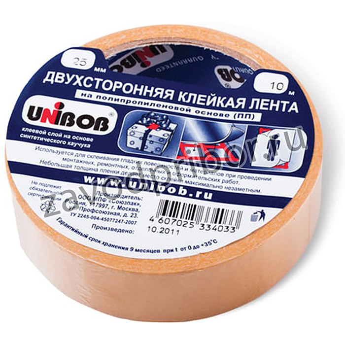 Клейкая двухсторонняя лента 25 мм х 10 м, ПОЛИПРОПИЛЕНОВАЯ ОСНОВА, UNIBOB, 38915