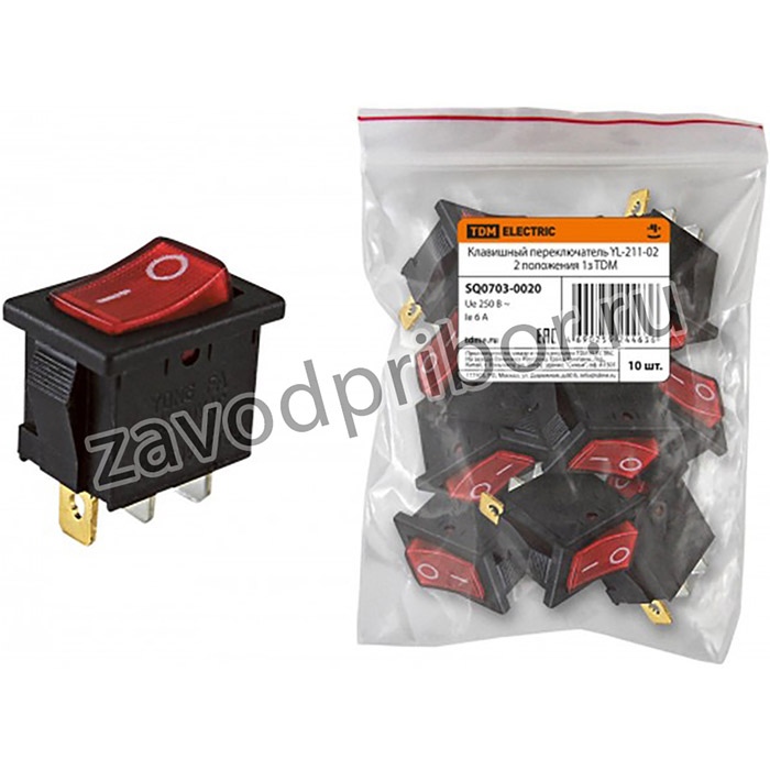 SQ0703-0020, Клавишный переключатель YL-211-02 черный корпус красная клавиша 2 положения 1з TDM