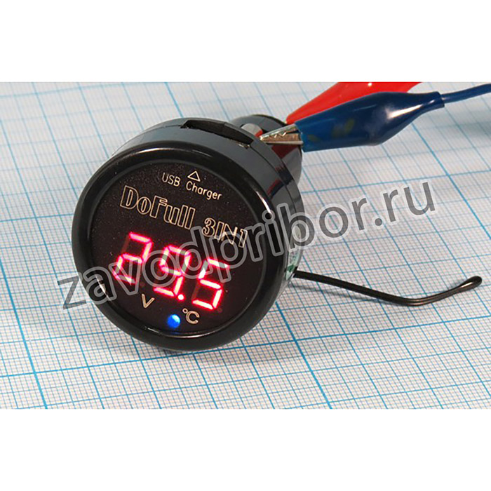 Вольтметр/Термометр/USB зарядка в прикуриватель, 40x70мм, красные цифры; гол В/t 40x70\ 12/24В авто/USB\DF-01-PTV.1/кр\\