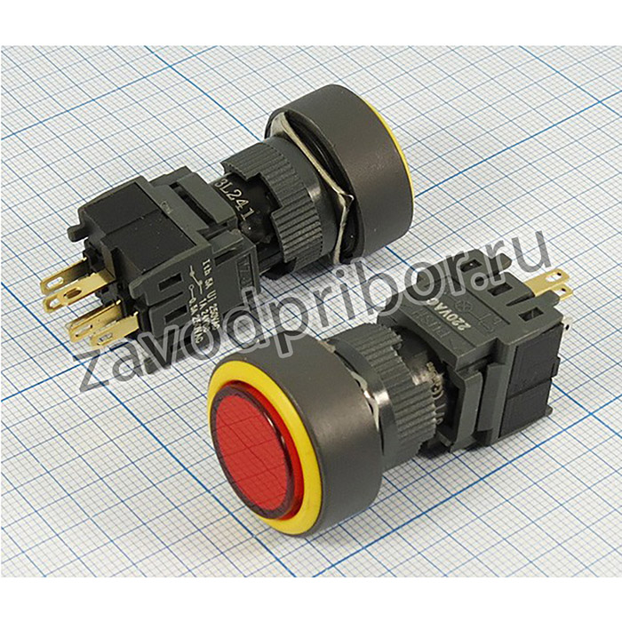 Переключатель кнопочный, d16, 220В, 5.0А, ON-OFF/OFF-ON, ILкрасный, контакты 6C, M16-371R