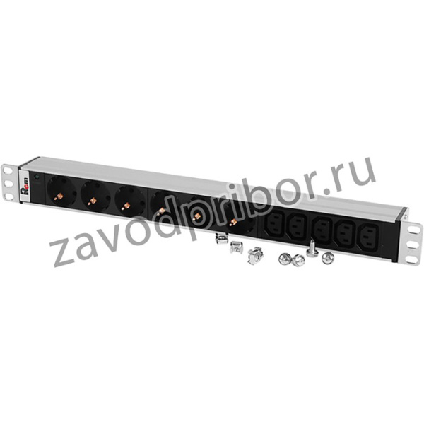 Блок розеток Rem-10 без шнура с инд., 6 Schuko, 5 IEC 60320 C13, вход IEC 60320 C14, 10A, алюм., 19"