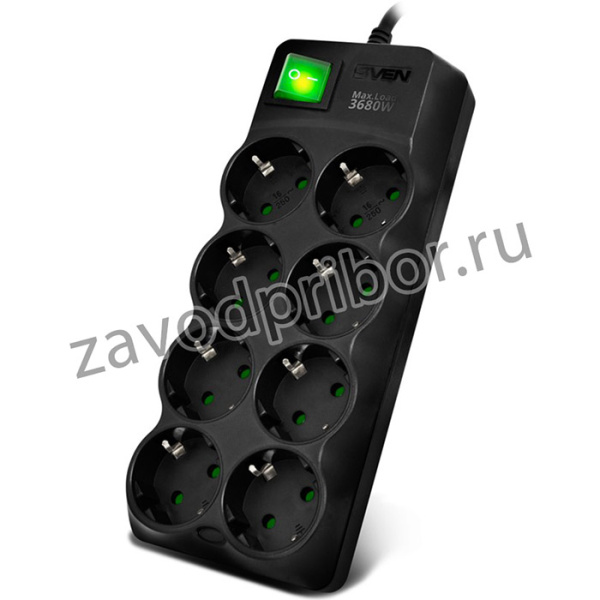 Sven SV-021610, Сетевой фильтр SVEN SF-08E-16 (3 м 8 розеток с защитными шторками,16А) черный, цветная коробка