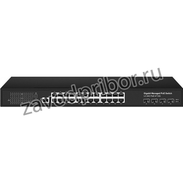 Управляемый L3 PoE коммутатор на 24xGE RJ-45 c PoE + 4х10G SFP+ порта. Порты: 2 x GE (10/100/1000 Base-T) с PoE (до 90W, A+B) + 22 x GE (10/