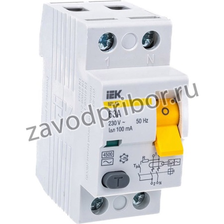 Выключатель диф. тока 2п 63A 100mA тип AC ВД1-63 ИЭК MDV10-2-063-100