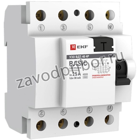 Устройство защитного отключения EKF, УЗО 4P 25А/30мА Basic elcb-4-25-30e-sim