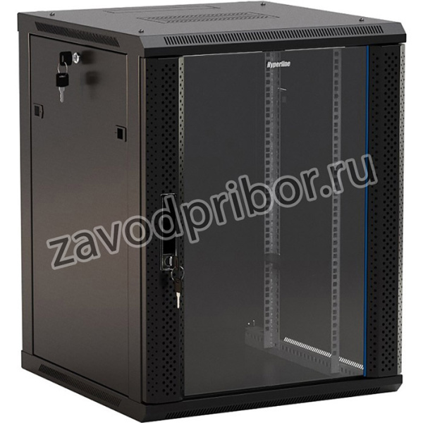 01 Шкаф настенный Hyperline, 19-дюймовый (19"), 12U, 650x600х450мм, стеклянная дверь с перфорацией по бокам, ручка с замком, черный (разобра