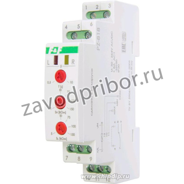 Реле контроля уровня PZ-818 с зондами, 2 уровня, 50...264В ACDC, 8А, 1NO/NC, DIN.