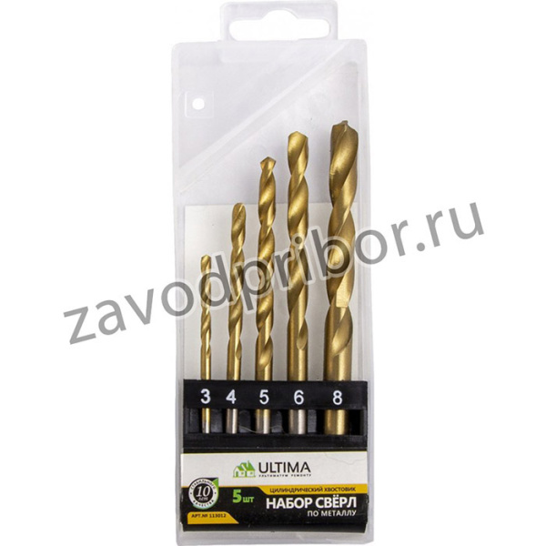 Набор нитридтит сверл по мет 3-4-5-6-8мм,HSS,5 шт.,пласт.корпус, 113012
