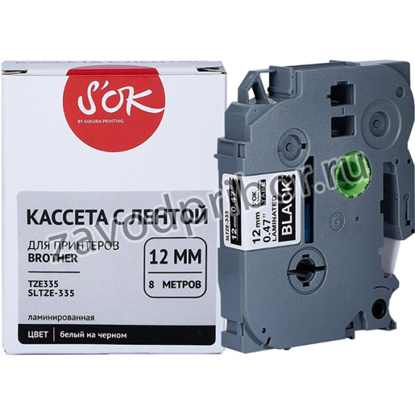Кассета с лентой Sakura TZE335 для Brother PT-P700,PT-P750W/ PT-P900W/PTP950NW, белый на черном, 12мм/8м, наклейка