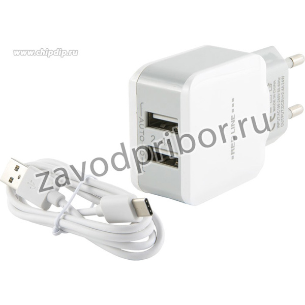 СЗУ Red Line 2 USB (модель NC-2.4A), 2.4A, + кабель Type-C, белый