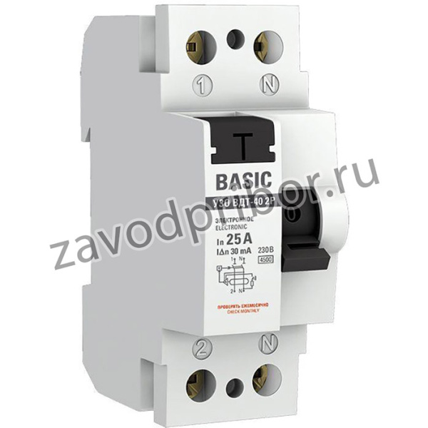 Выключатель дифференциального тока (УЗО) 2п 25А 30мА тип AC Basic электрон.EKF elcb-2-25-30e-sim