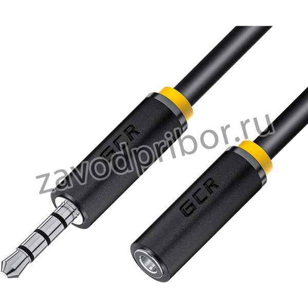 GCR-53264, GCR Удлинитель для гарнитуры 0.3m jack 3,5mm/jack 3,5mm черный, желтая окантовка, 28AWG, M/F