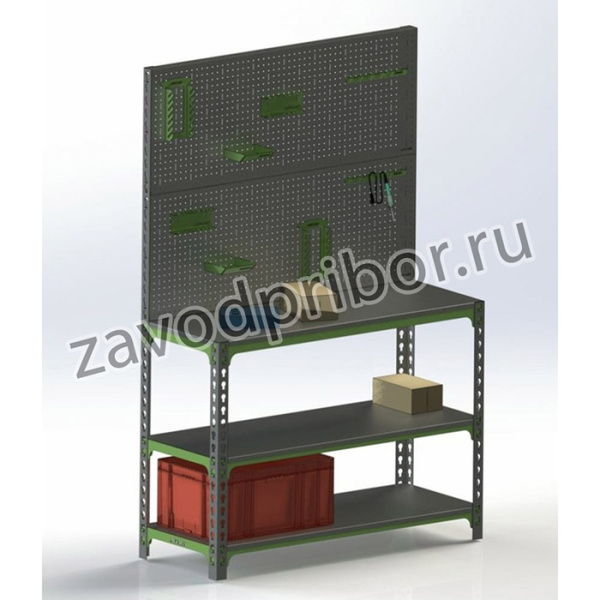 Стол-верстак 950x1300x500 (две полки) + двойная перфопанель с комплектом аксессуаров SVPIIPRIIA951350