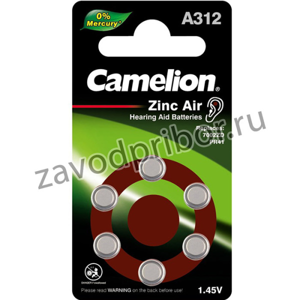 Camelion ZA312 BL-6 Mercury Free (A312-BP6(0%Hg), батарейка для слуховых аппаратов, 1.4 V,170mAh)