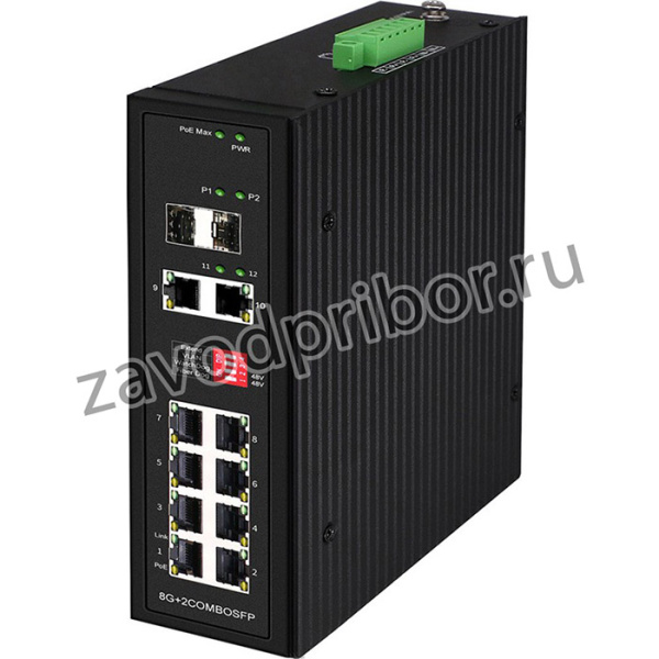 Промышленный PoE коммутатор Gigabit Ethernet на 10 портов. Порты: 2 x GE (10/100/1000Base-T) с PoE BT (до 90W) + 6 x GE (10/100/1000Base-T)