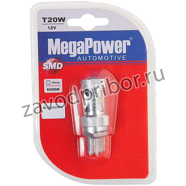 20393Wбл, Лампа светодиодная 12V T20W W3x16d 6000K бесцокольная 6 светодиодов блистер (1шт.) MEGAPOWER