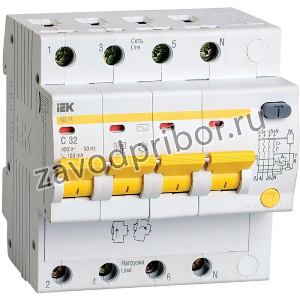 Выключатель автоматический дифференциального тока 4п C 32А 100мА тип AC 4.5кА АД-14 IEK MAD10-4-032-C-100